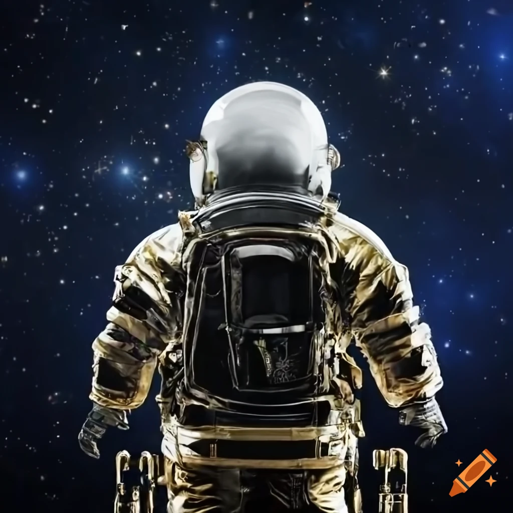 black and gold astronaut suit against space background