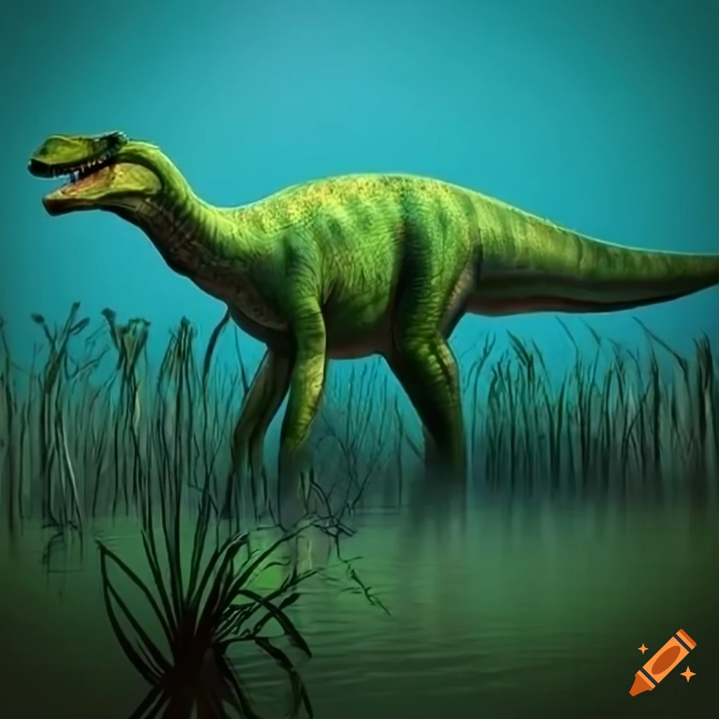 Green stegosaurus in a swamp on craiyon