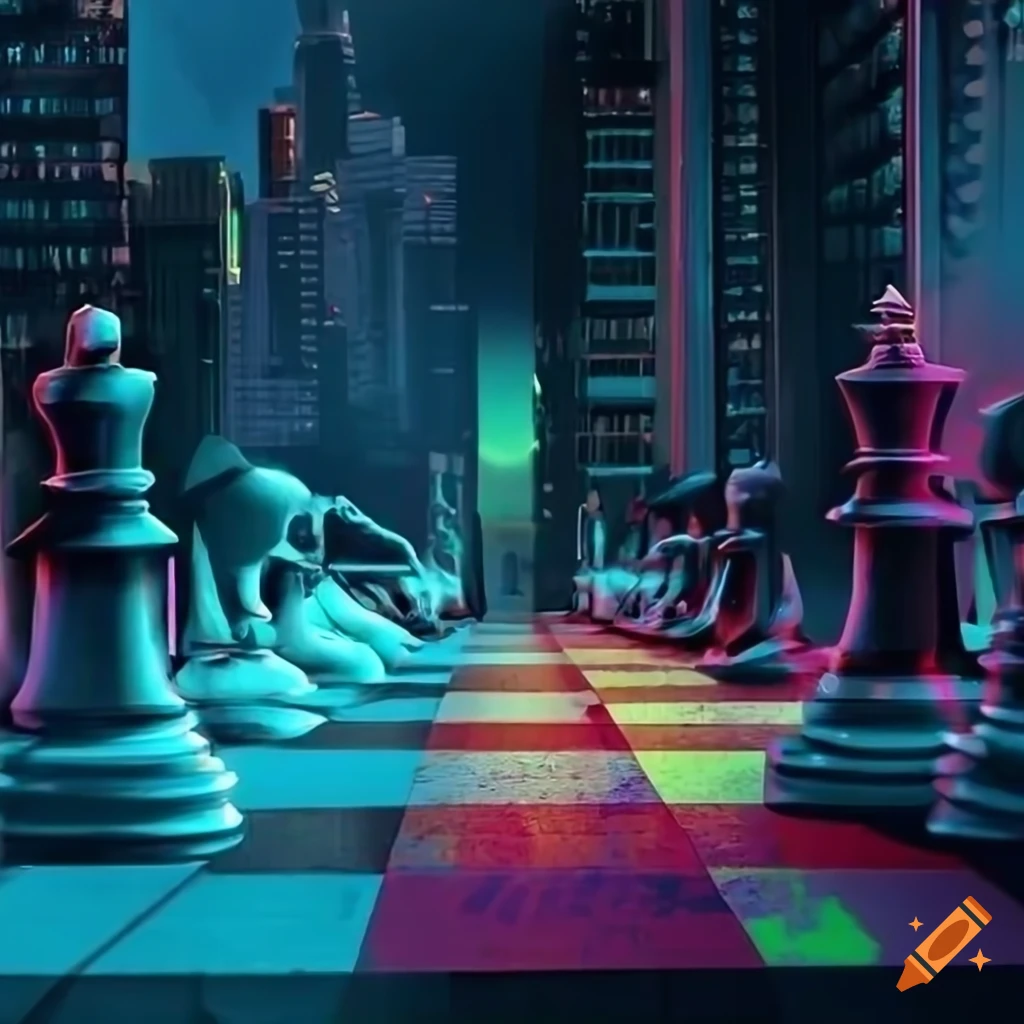 Neural network artistry chess pieces harmonize with skyscrapers in