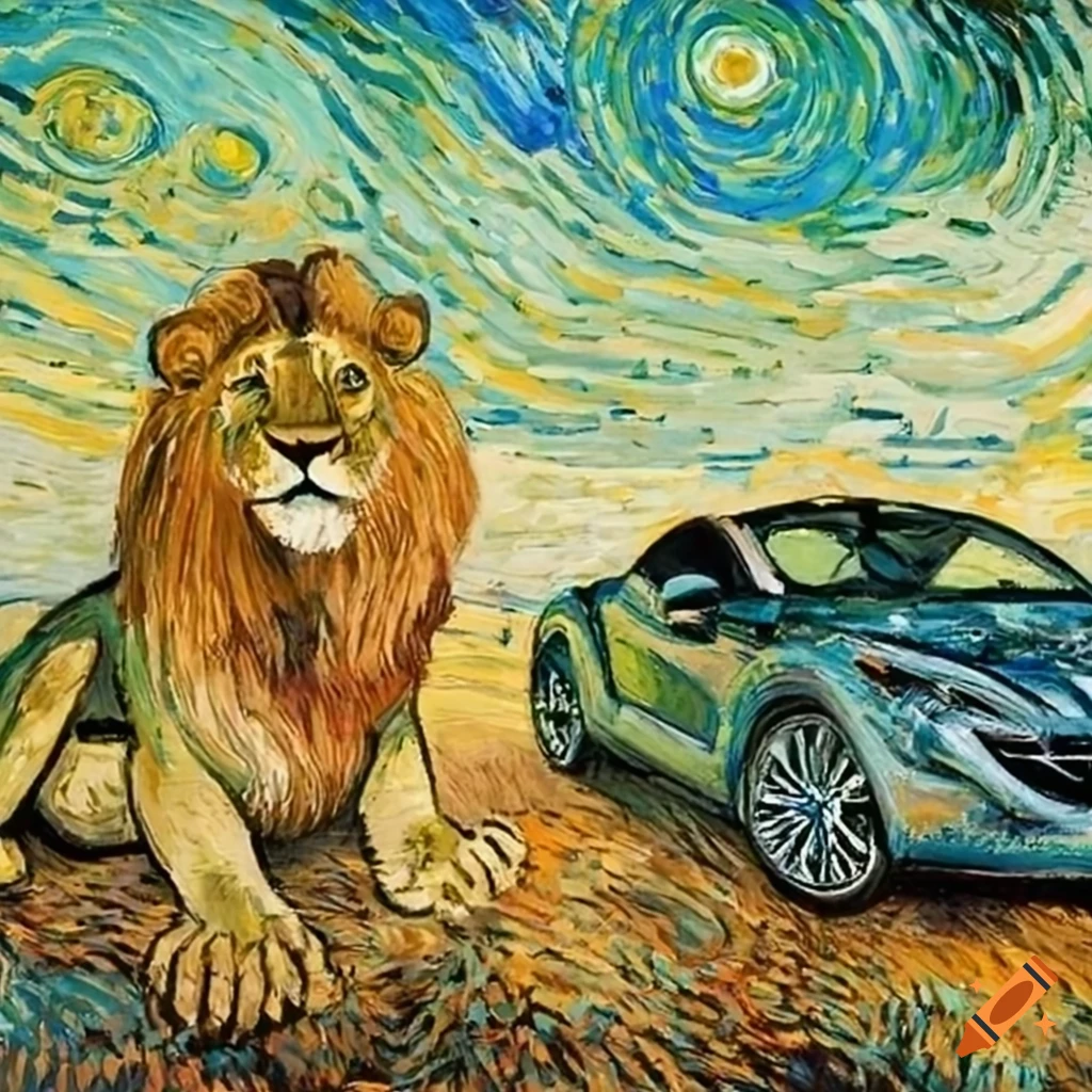Surreal painting of a car and lion in the savannah on Craiyon