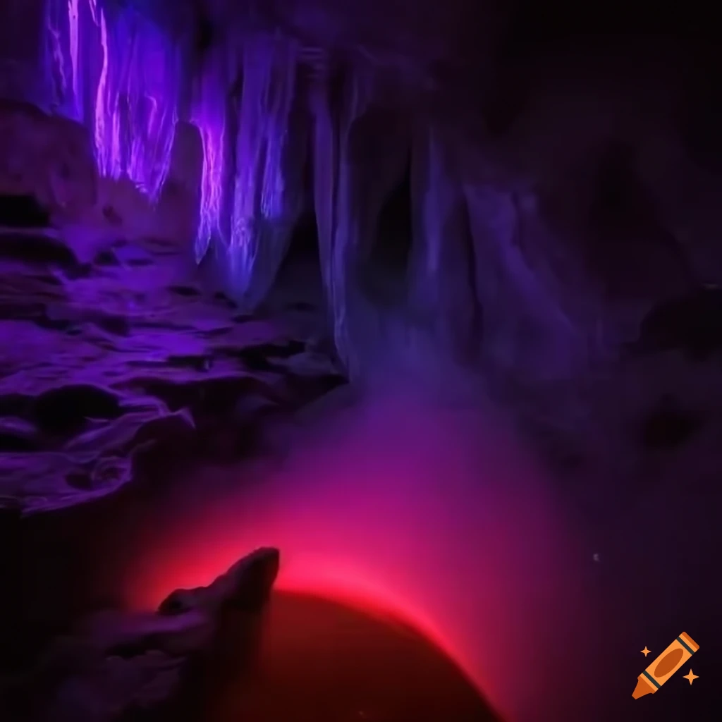 image of a mysterious cave with purple and red lights