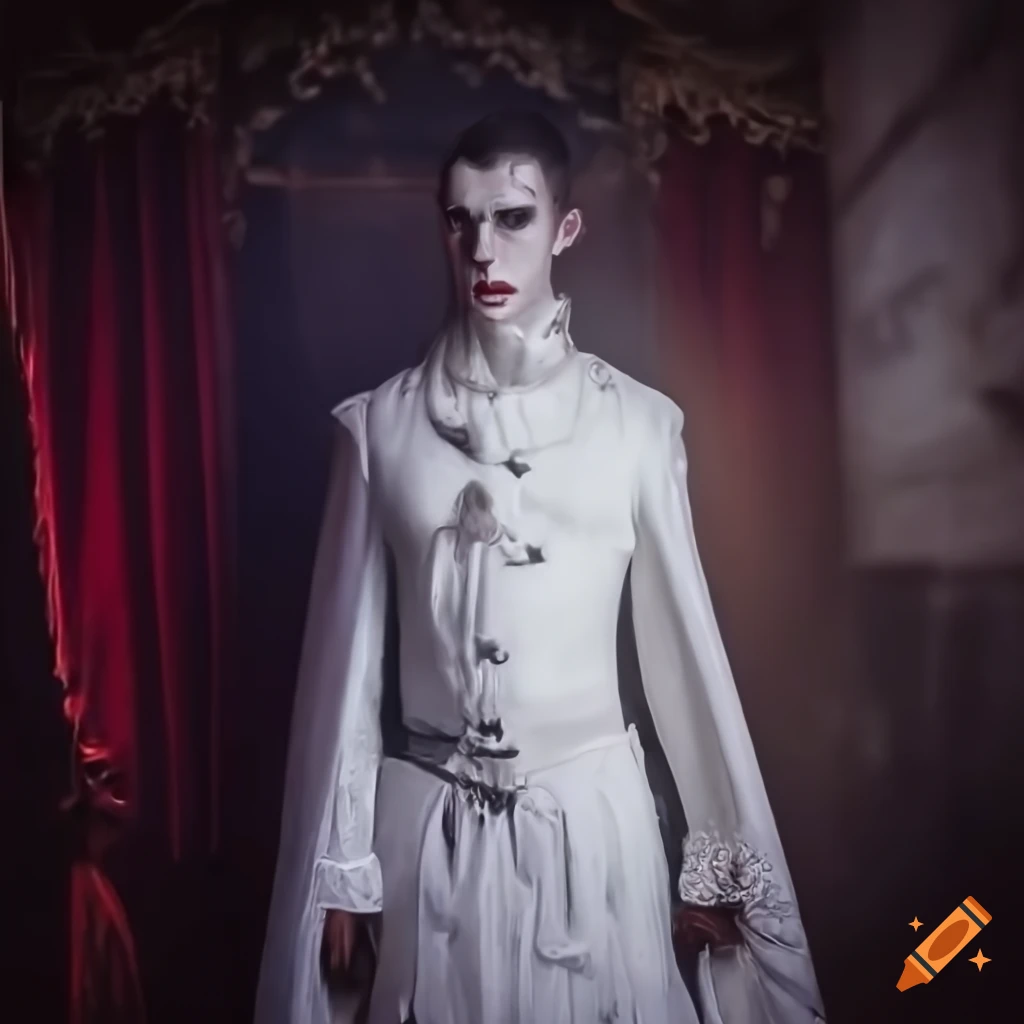 Portrait of a regal-looking male vampire in all-white clothing
