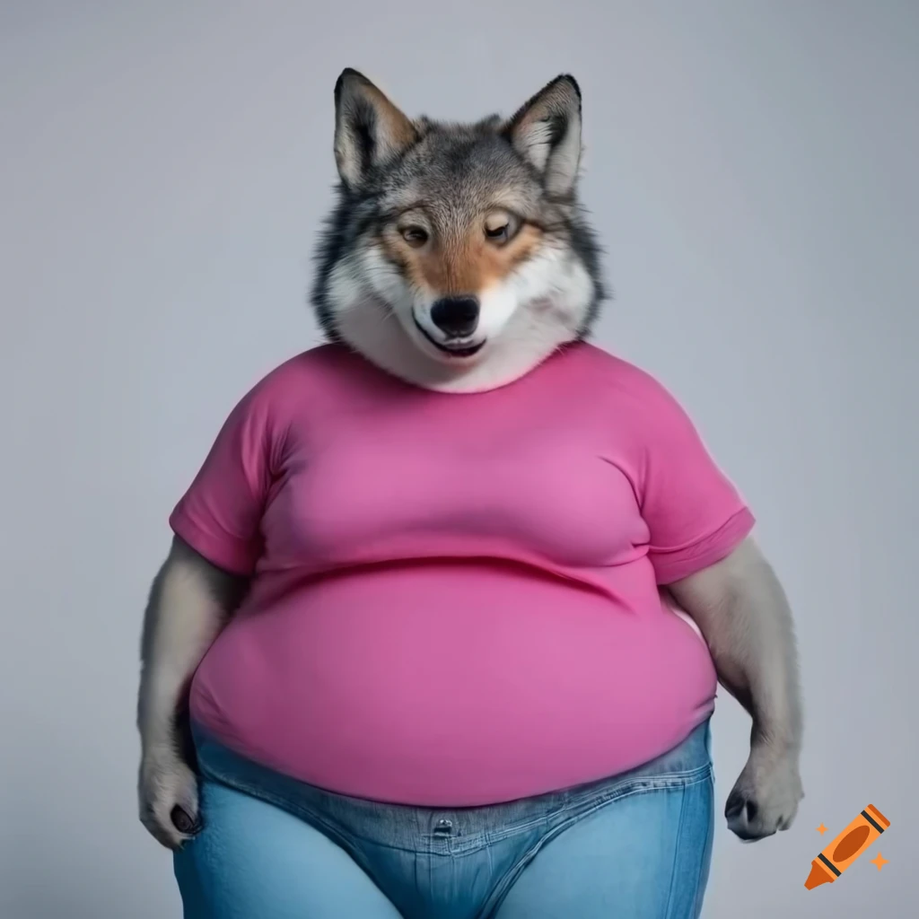 Anthropomorphic female wolf in pink t-shirt and blue denim pants on Craiyon