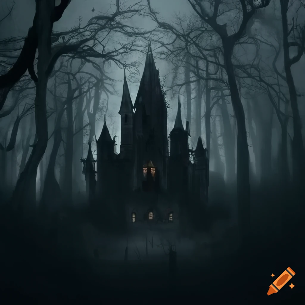 gothic castle in a dark forest at night