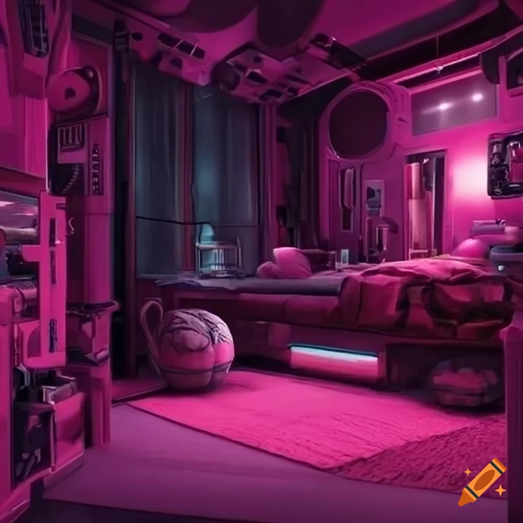 Sci-fi mechanic's bedroom with pink accents on Craiyon