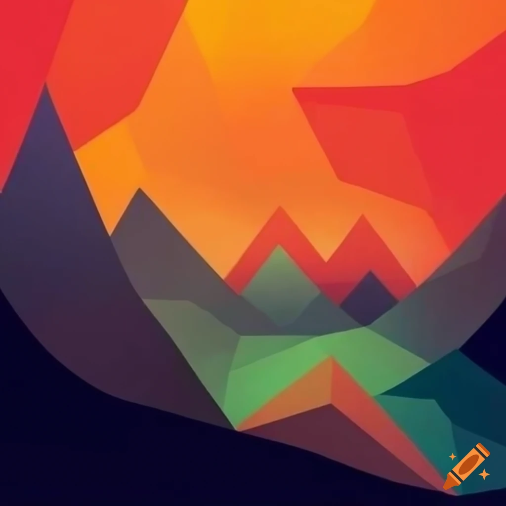 geometric abstract art of mountains, lakes, and forest