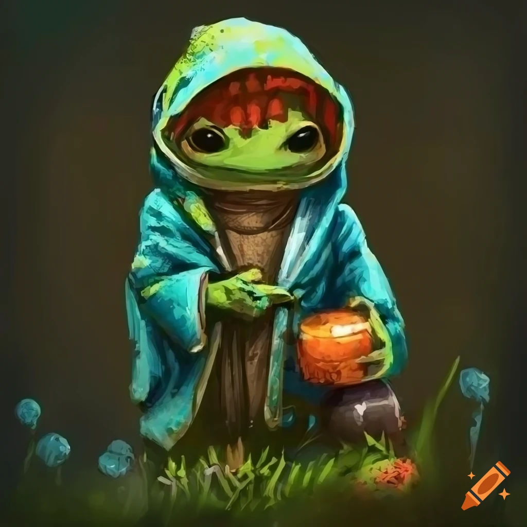 fantasy concept art of a frog child with a paint-splattered robe