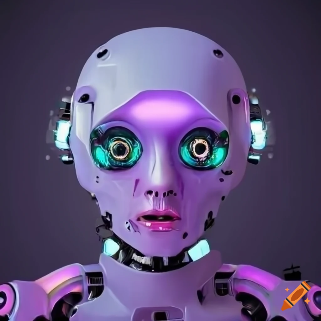 cyberpunk humanoid robot with big eyes and pastel colors