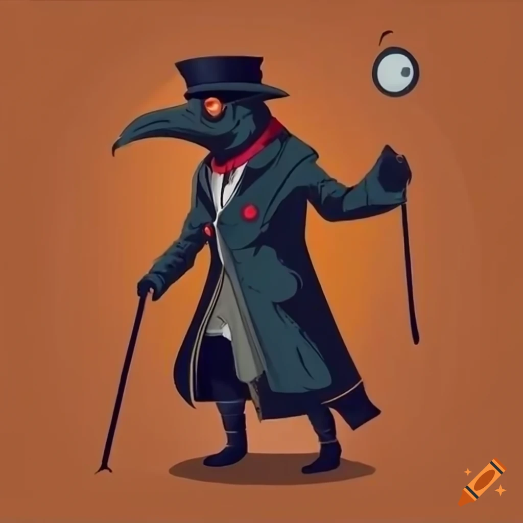 plague doctor walking with a pocket watch and a cane