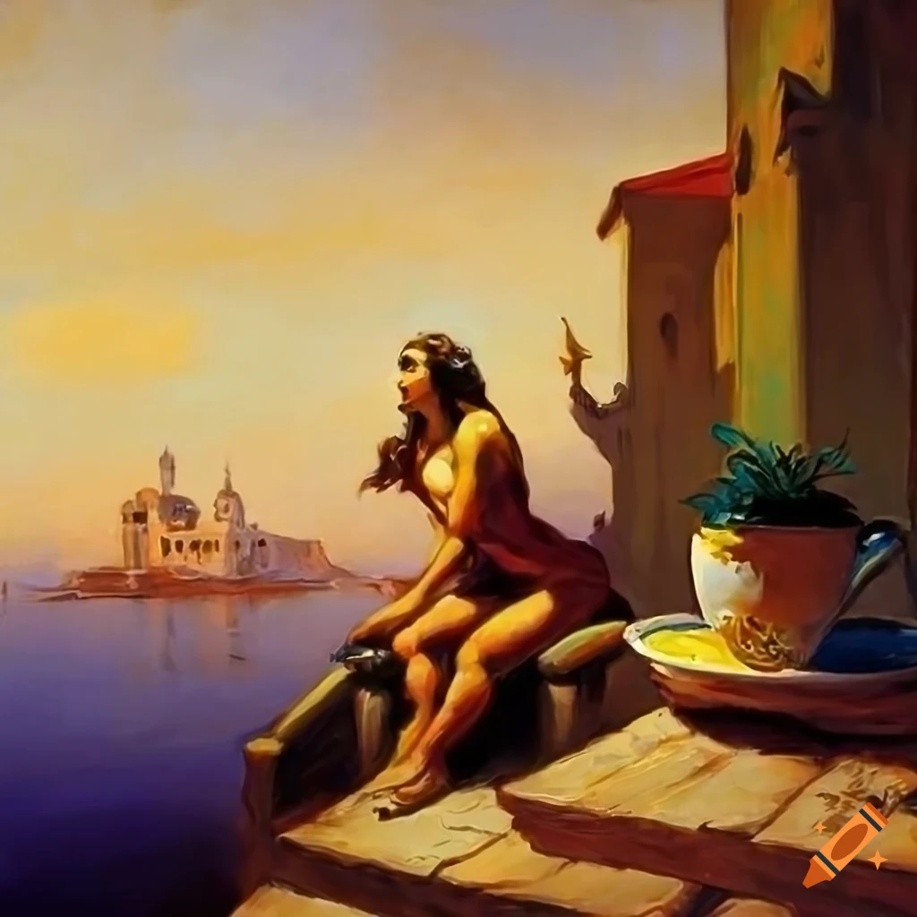 fantasy artwork of a lady enjoying coffee on a balcony with a view