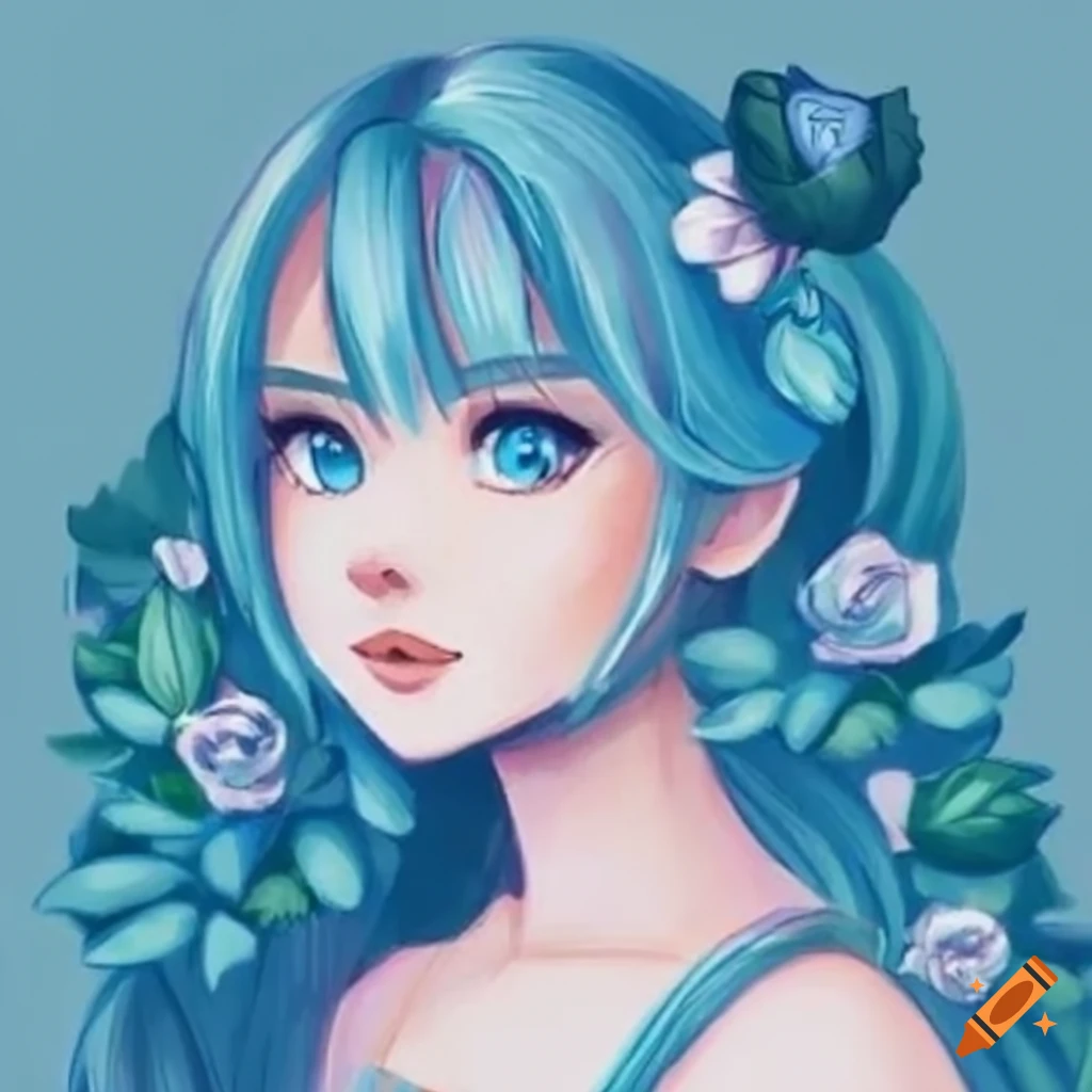 anime girl surrounded by blue roses