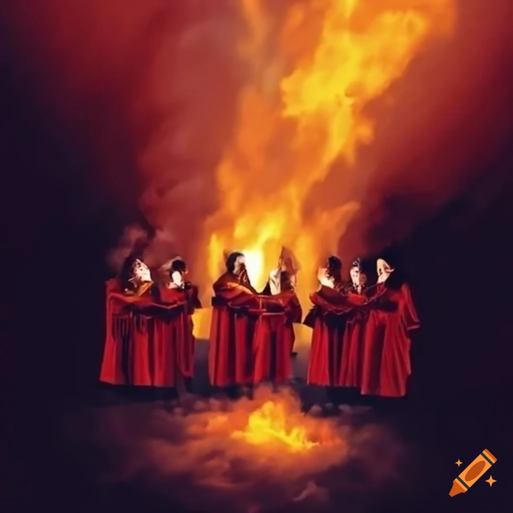 choir singing in the sky with fiery backdrop