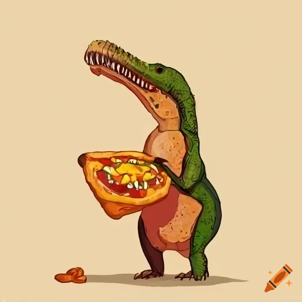 drawing of a dinosaur enjoying a pizza