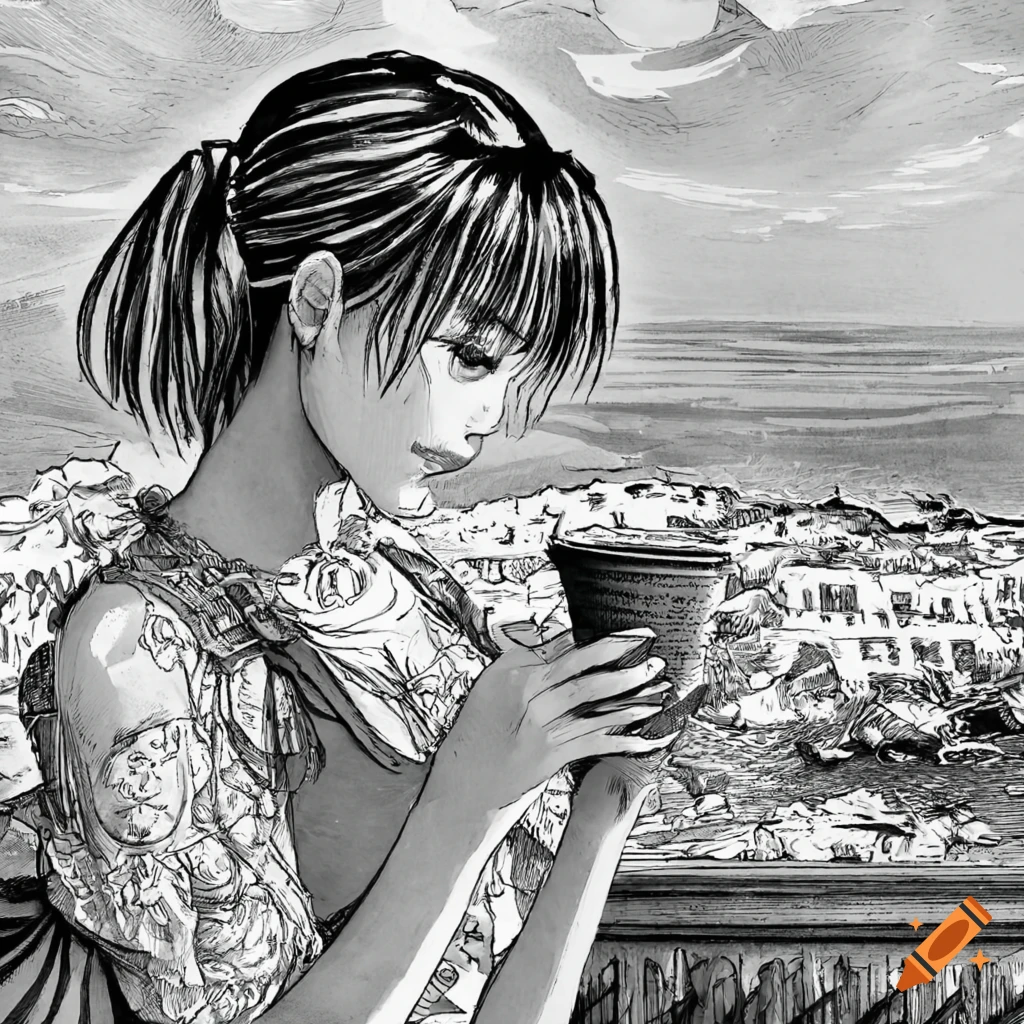 manga art of a lady with coffee on a balcony