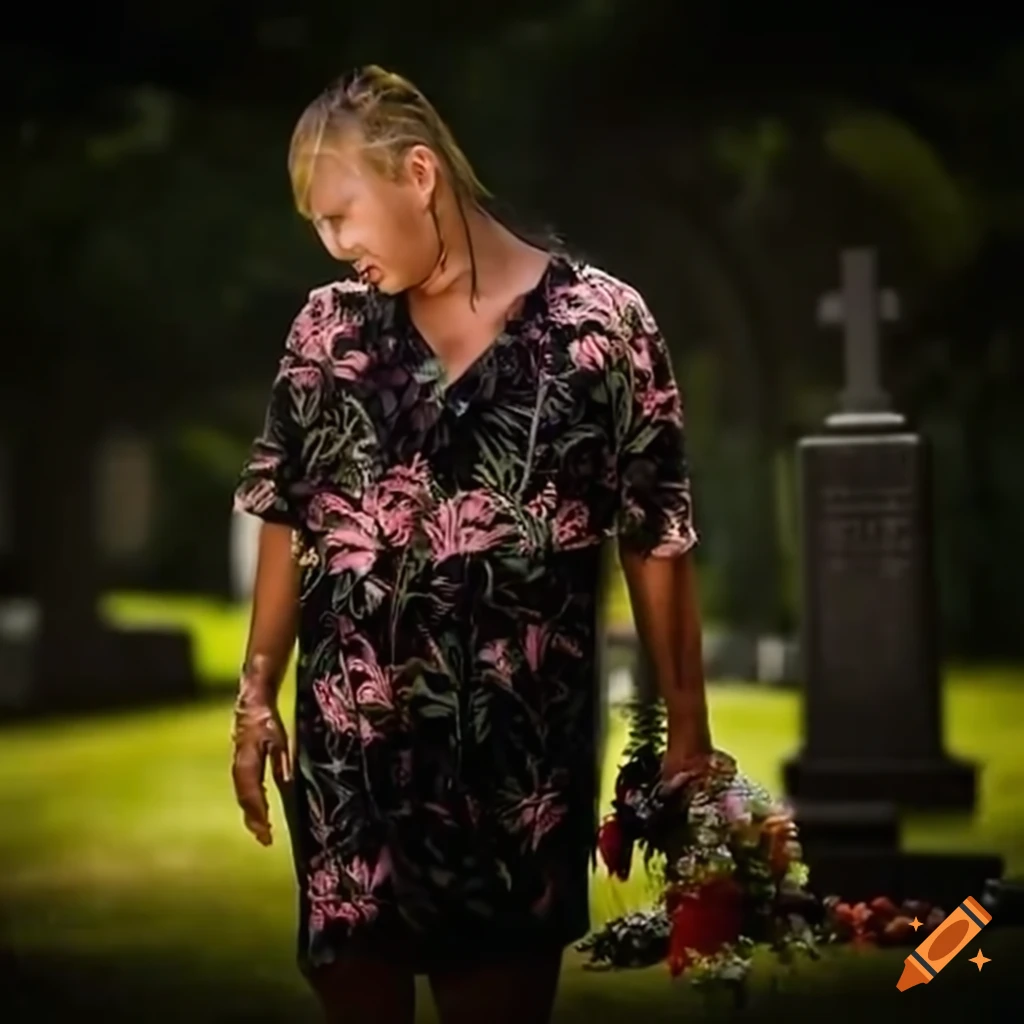people in Hawaii shirts paying respects at a cemetery