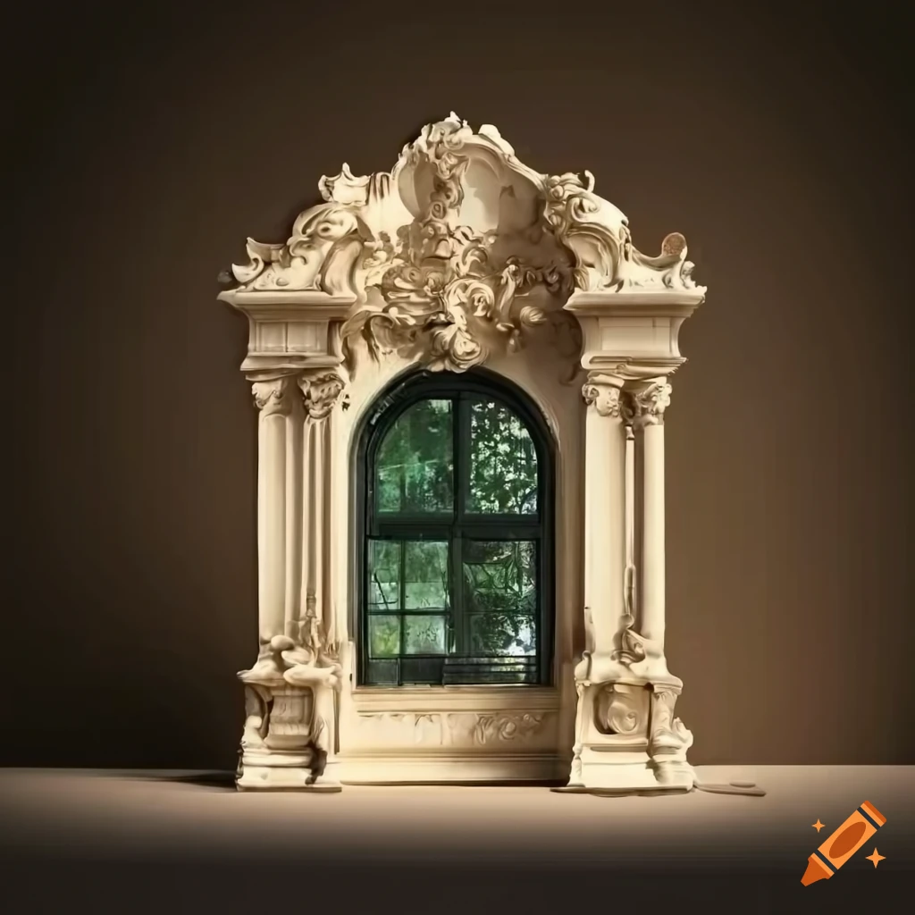 Rococo stucco entrance on a classical building with a garden on Craiyon