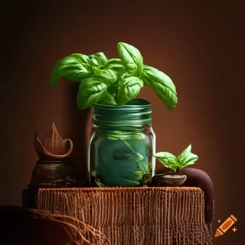 Hydroponic basil growing in a mason jar on Craiyon