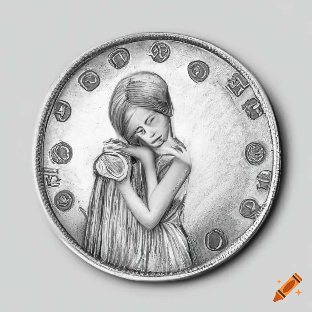 silver coin with a carved girl and clovers