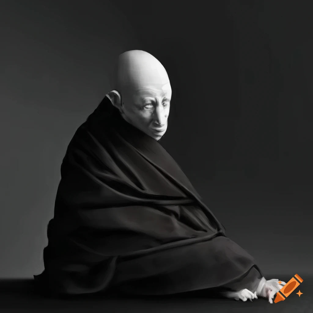 black and white portrait of a pale man in monk garments
