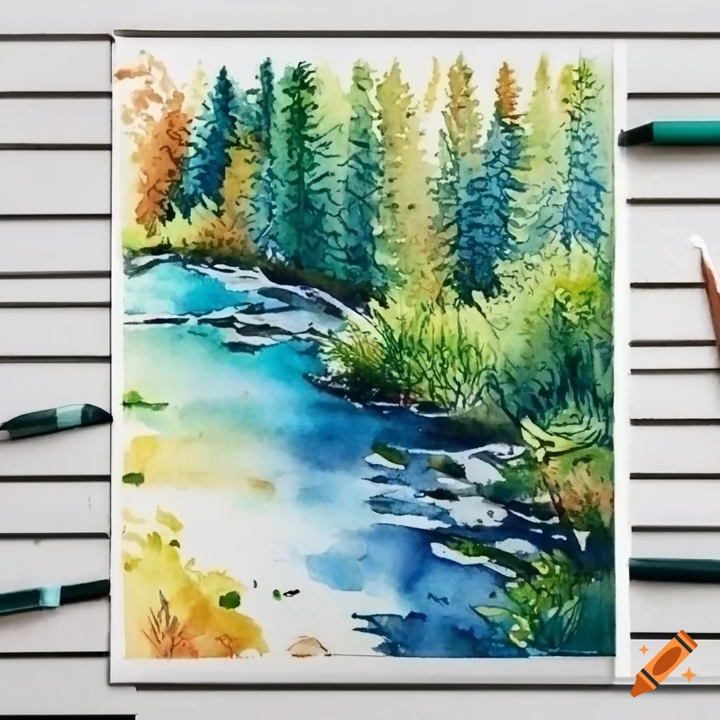 Aquarelle painting of a river surrounded by forests and trees on Craiyon