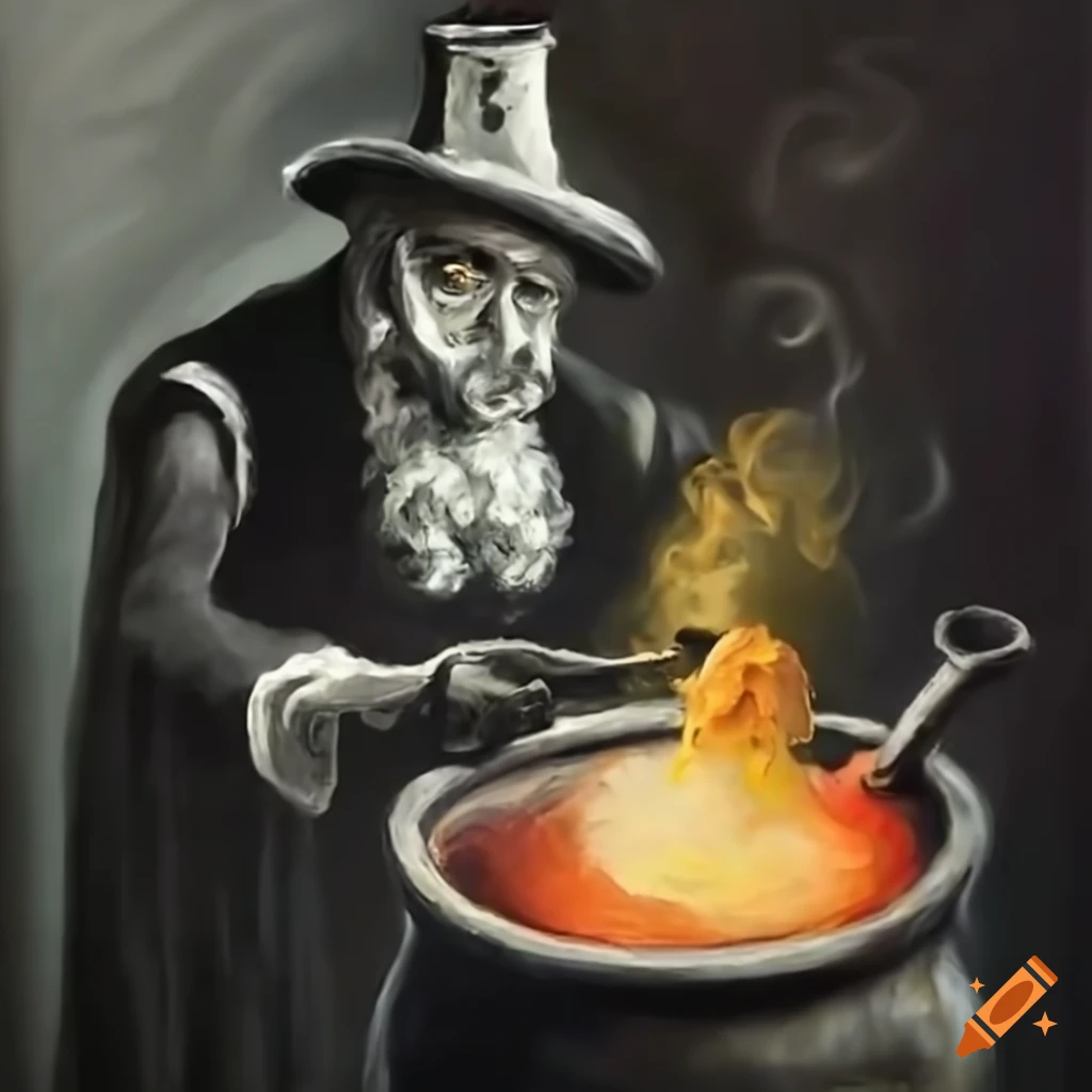 magician creating potion in cauldron with pipe