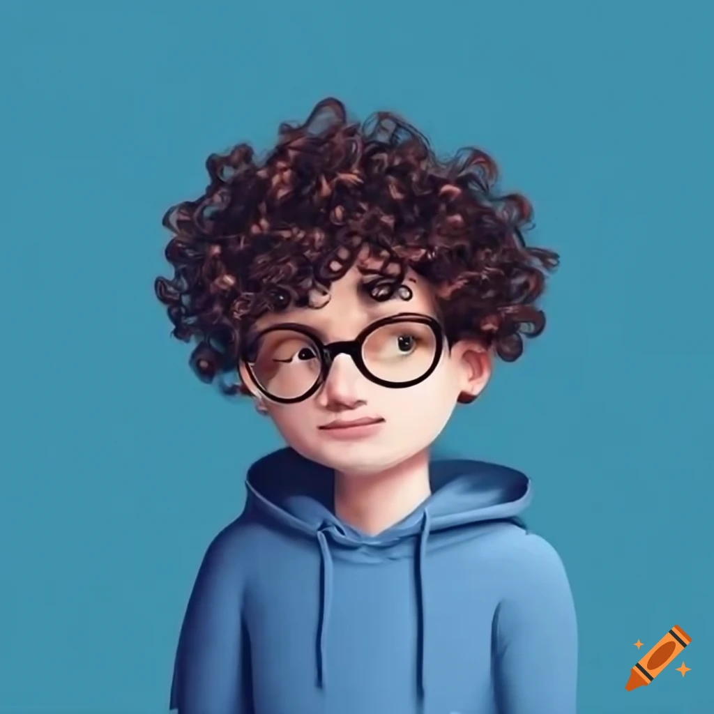man in blue hoodie with curly hair and glasses
