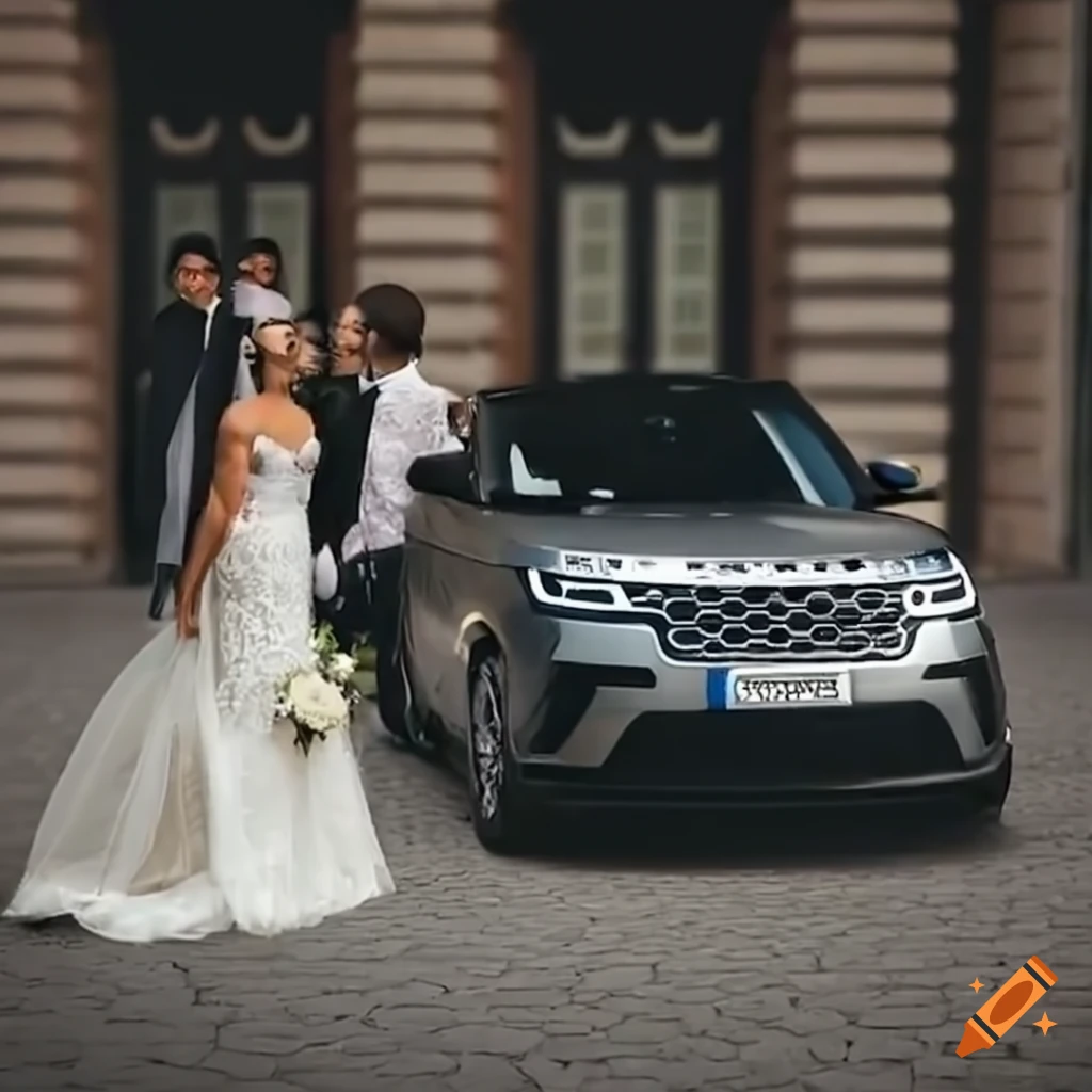 couple getting married in front of a Range Rover Velar