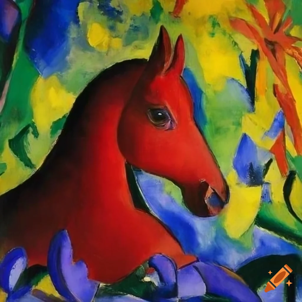 colorful artwork of a red horse in a blue forest