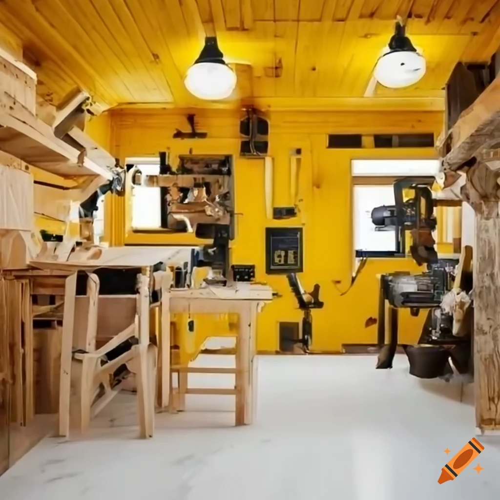 Woodworking shop with epoxy floors and yellow on Craiyon