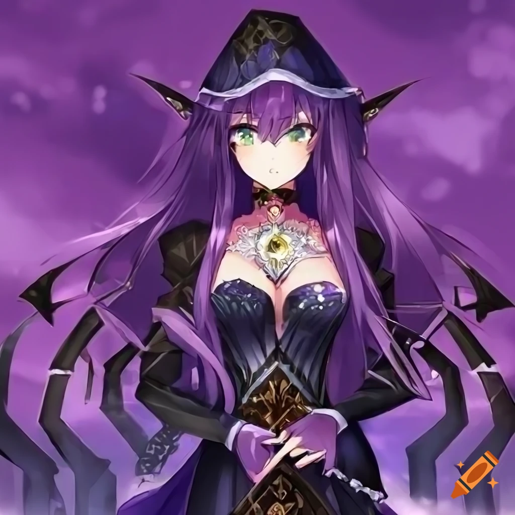 character illustration of a purple-haired anime girl with green eyes and mage robes
