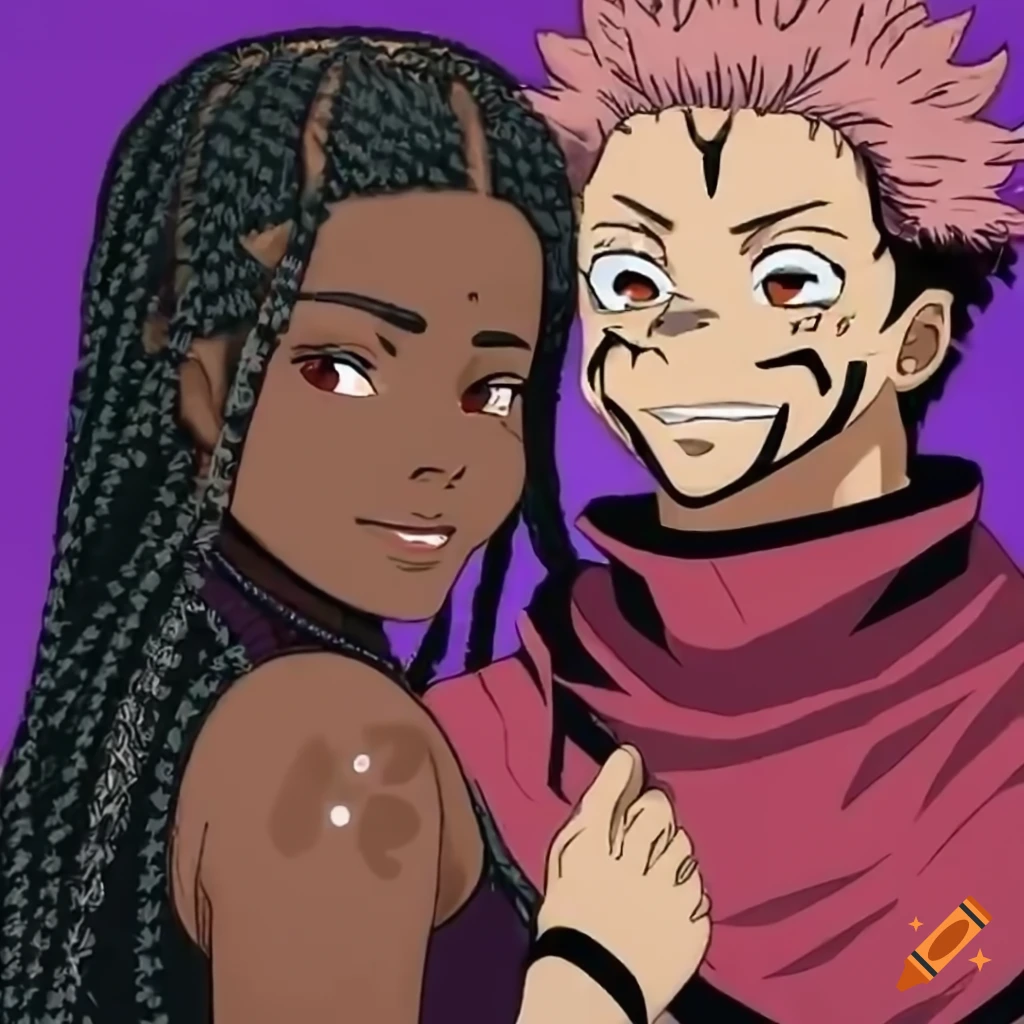Ryomen Sukuna hugging a woman with braids on Craiyon