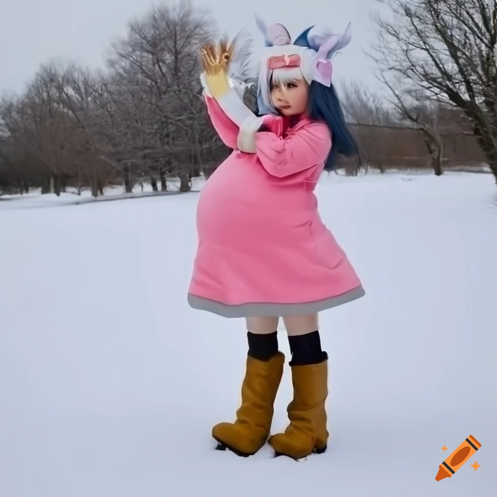 Cosplay of heavily pregnant dawn from pokemon platinum in a snowy field