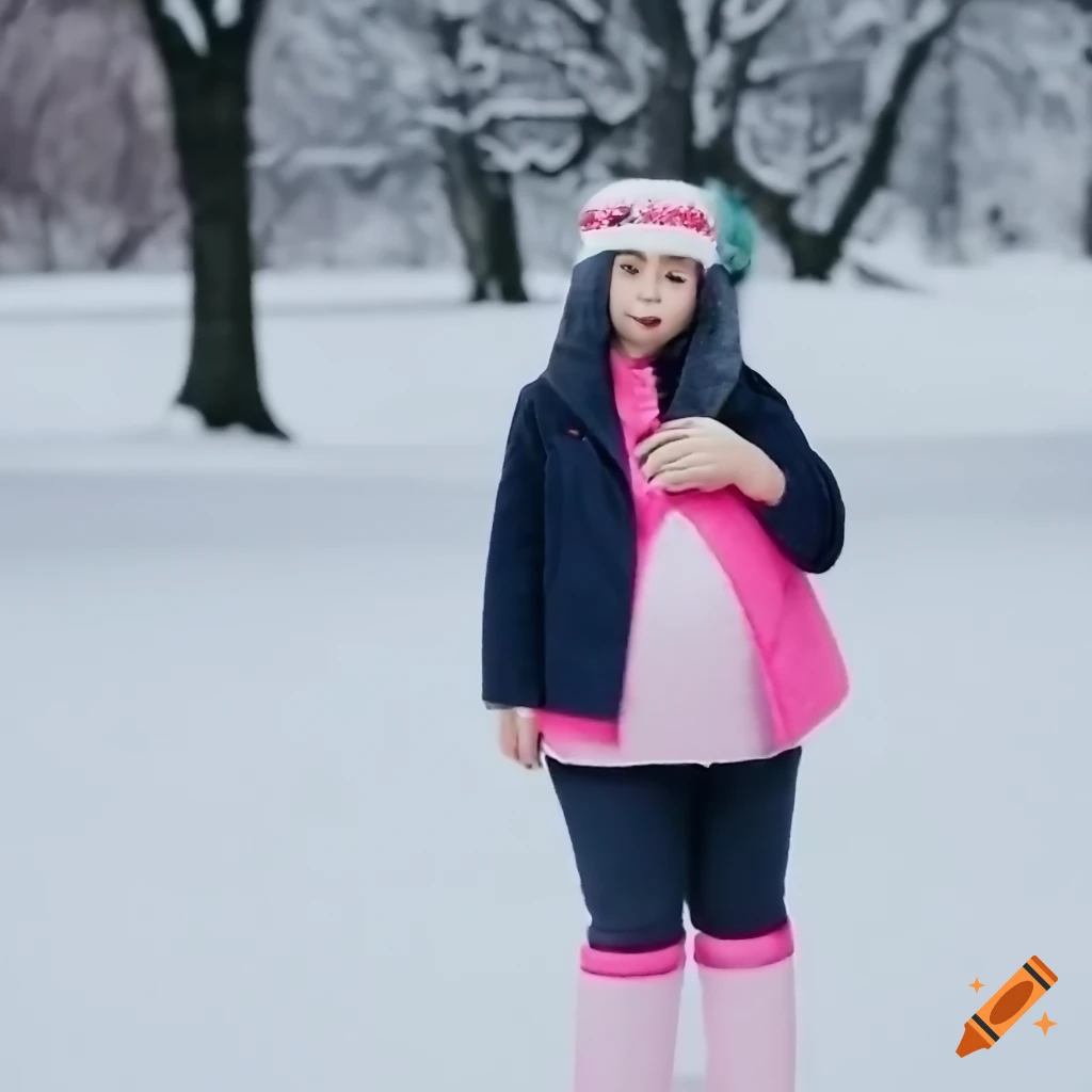 Candid photo of dawn from pokemon platinum in snowy park