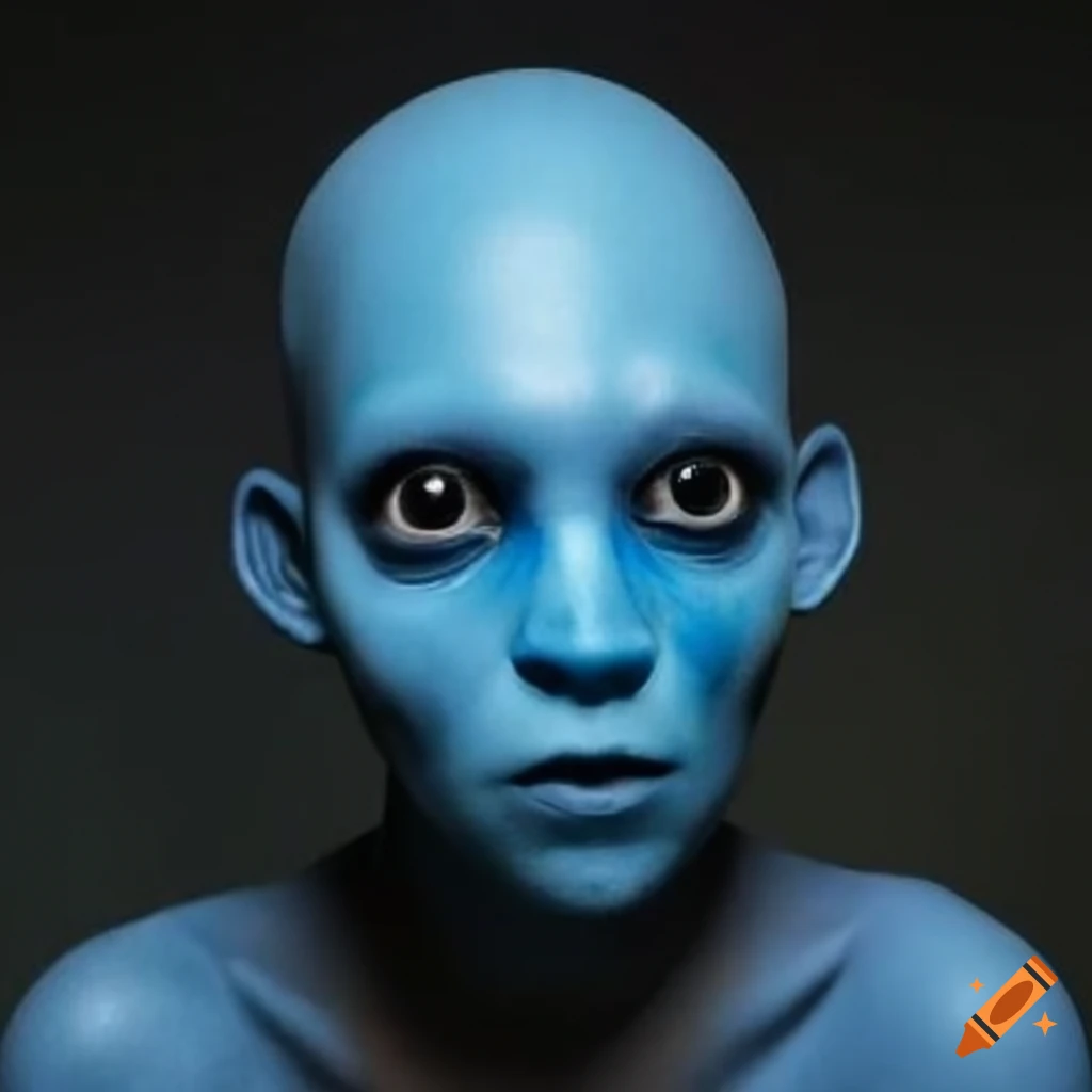 Image of a blueskinned humanoid alien man with curly black hair