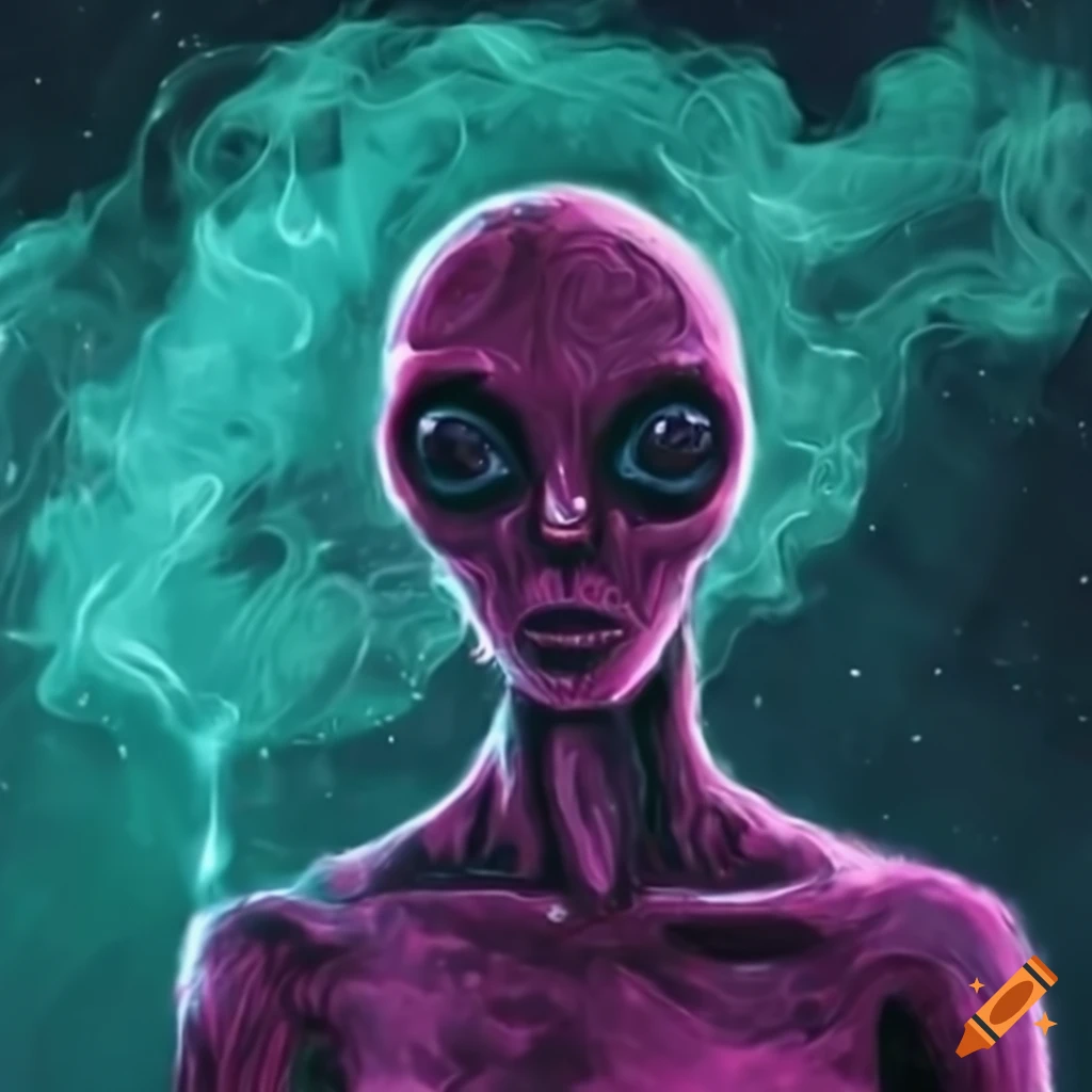 Cosmic art featuring an alien smoking weed
