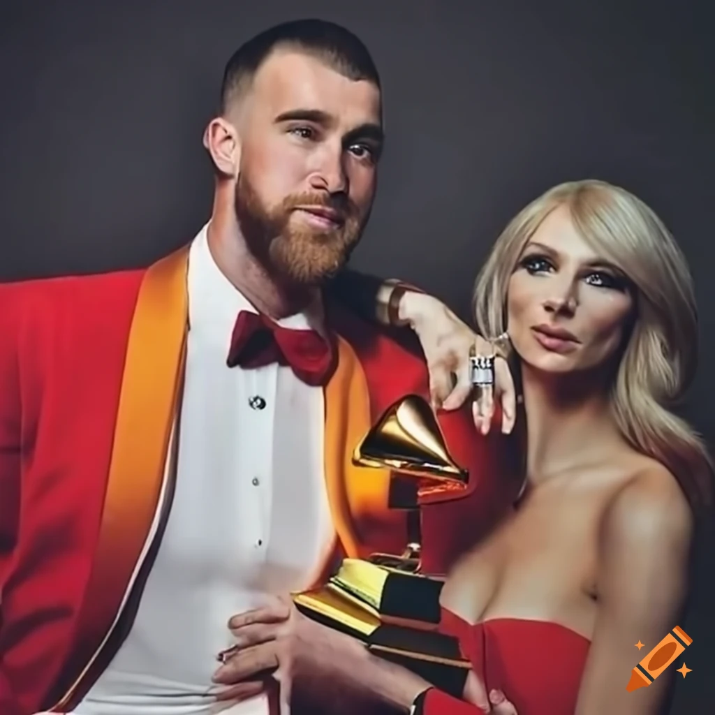 Travis kelce and taylor swift receiving a grammy award together on Craiyon