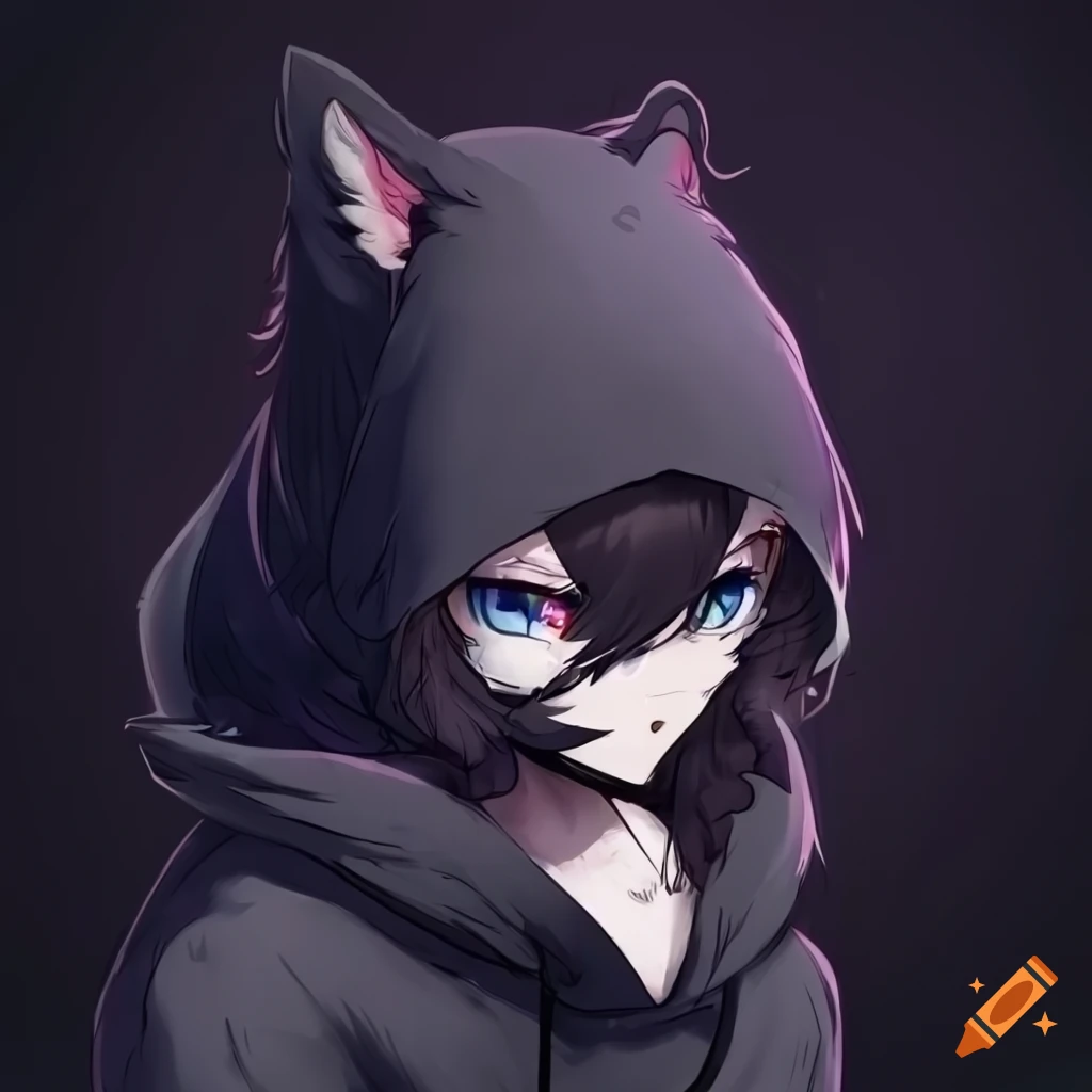 Black and white artwork of a crow furry character in a hoodie on Craiyon