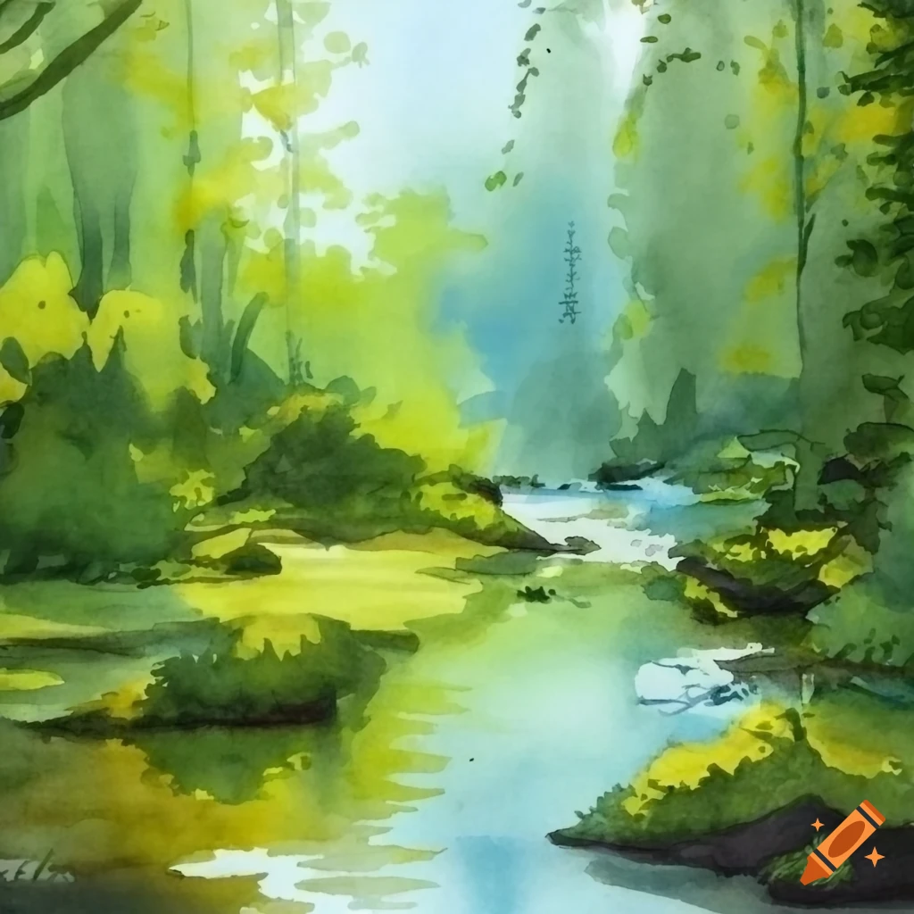 Aquarelle painting of a river in a forest