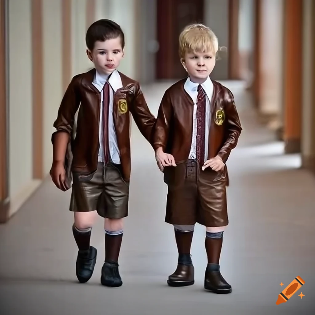 two boys in British school uniforms standing in a corridor