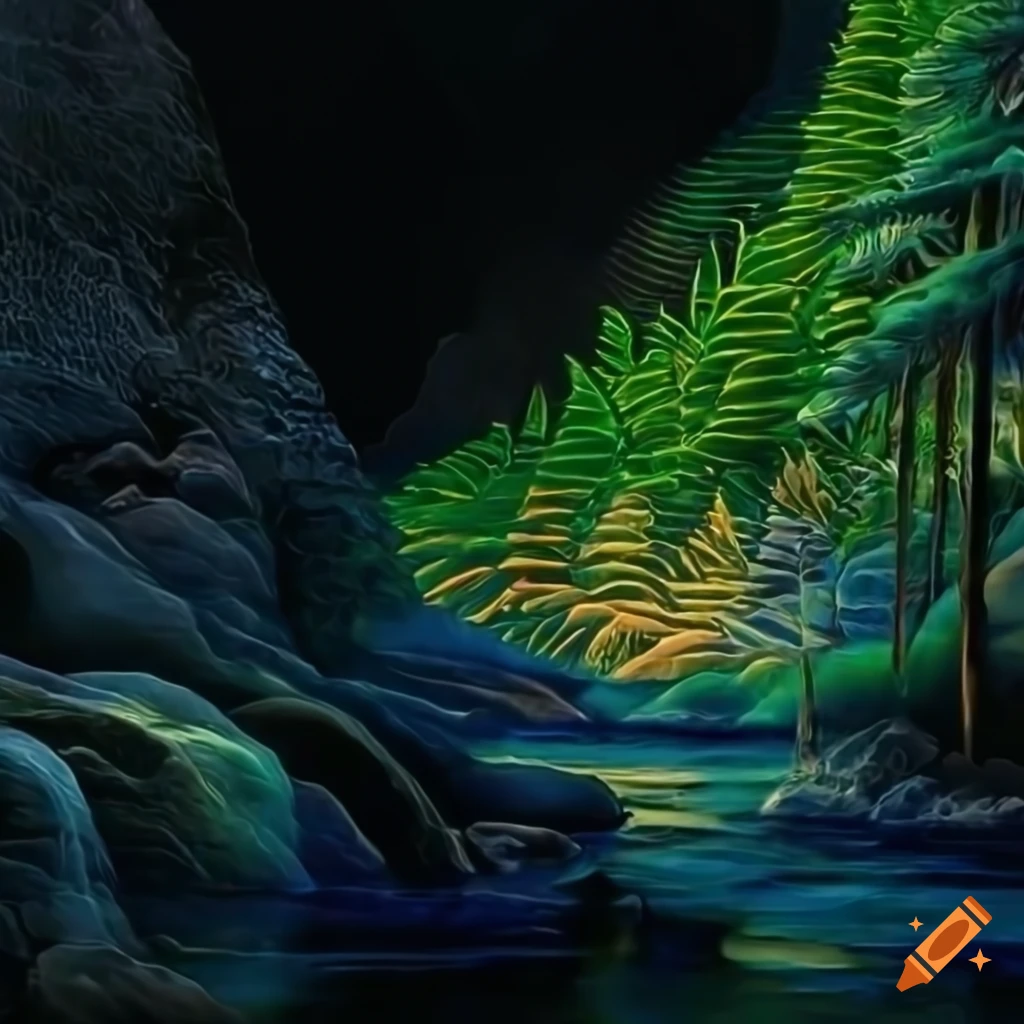 Intricate mountain valley with forest and river artwork on Craiyon
