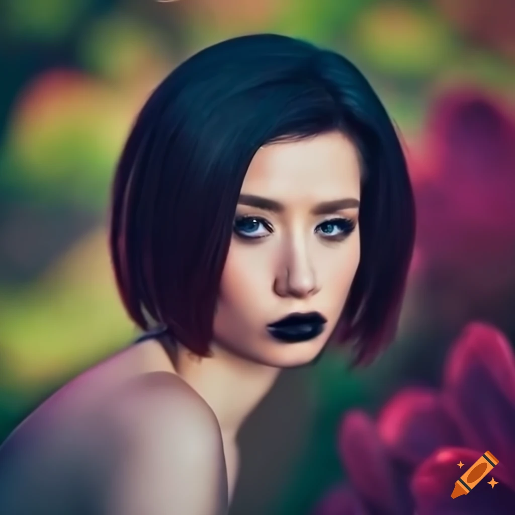 Close up portrait of a beautiful young woman in a field of flowers on ...