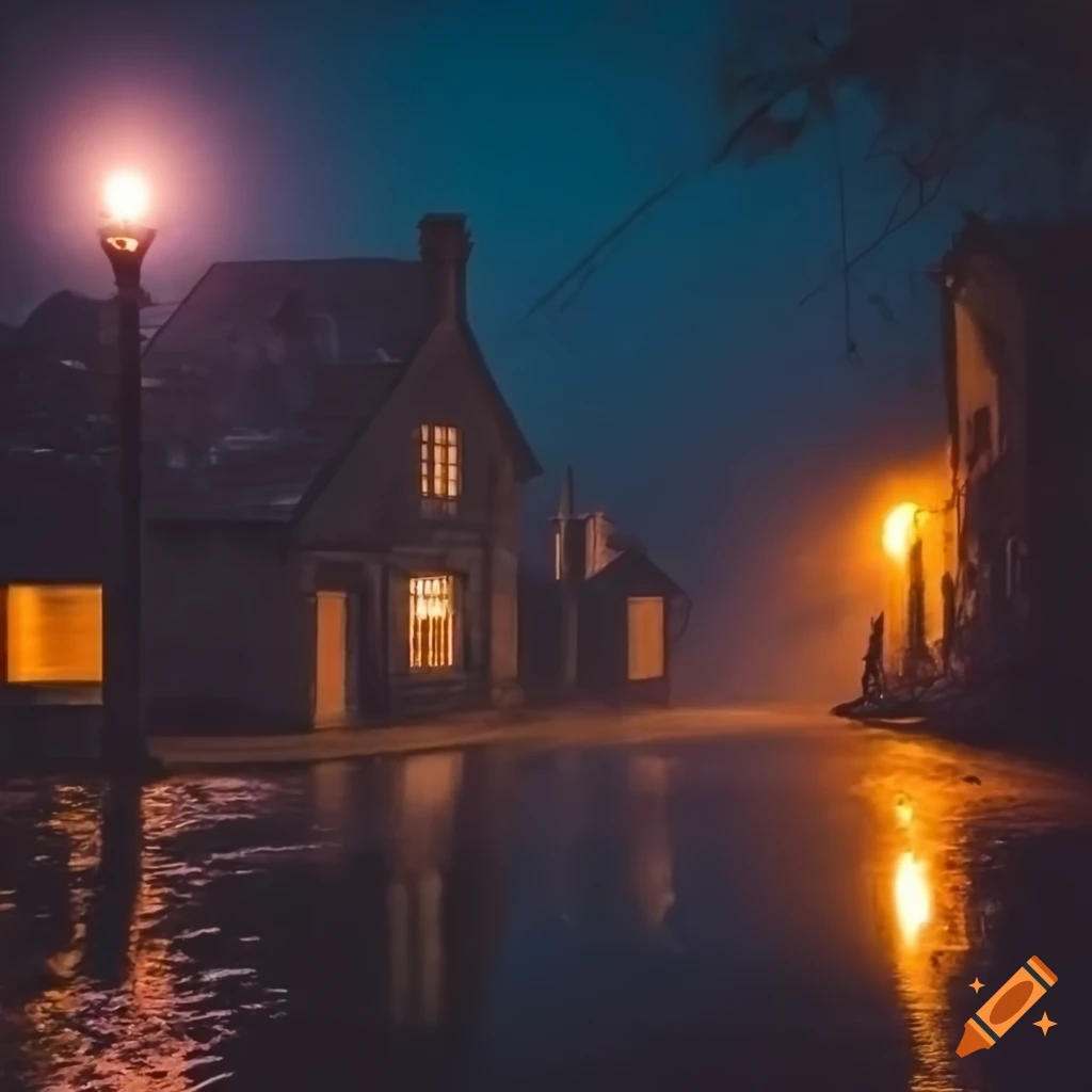 Deserted hamlet under a rainy night sky on Craiyon