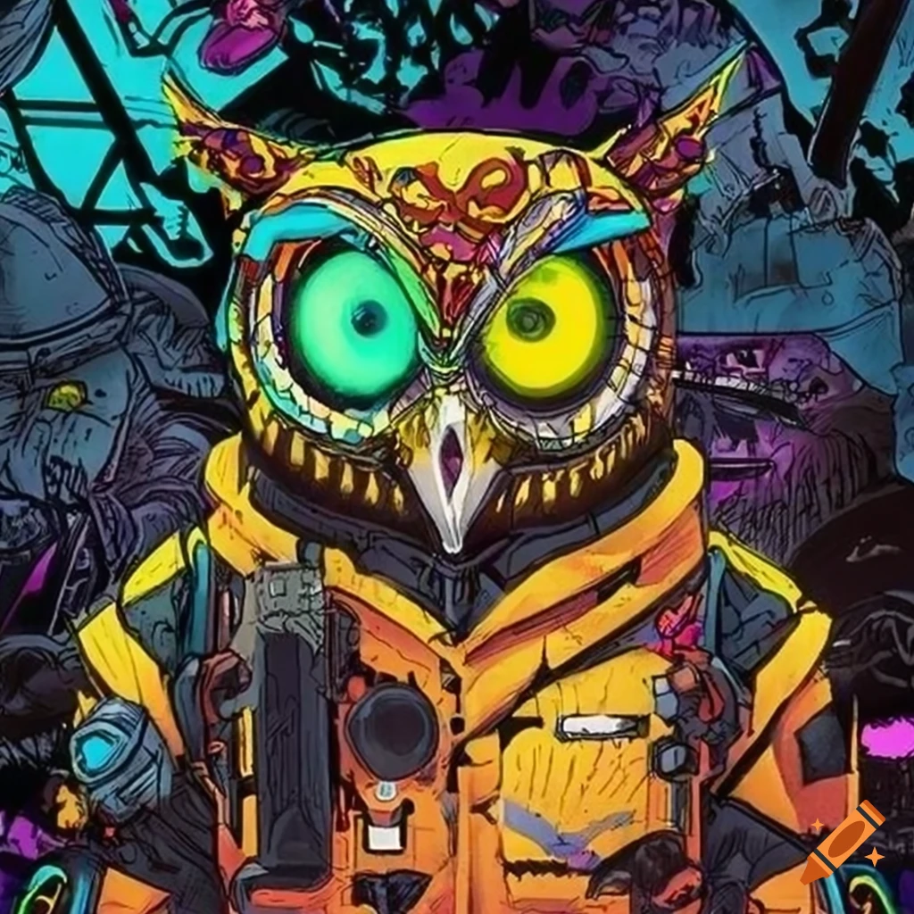 Yellow-eyed cyberpunk owl artwork by tim doyle