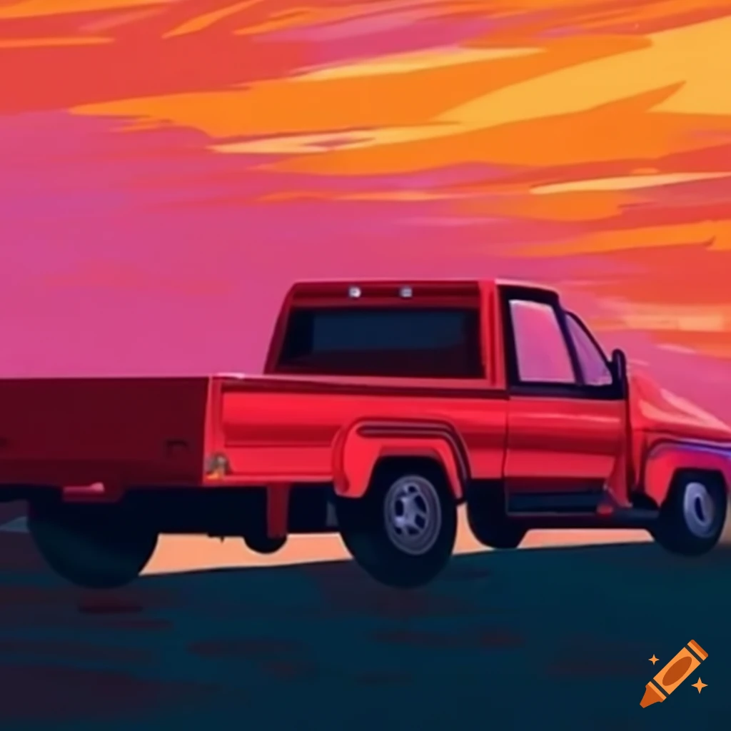red pickup truck driving through city streets at dawn