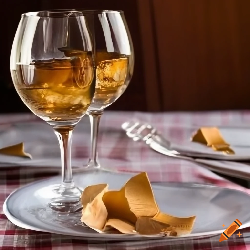 still life of broken wine glasses and plates