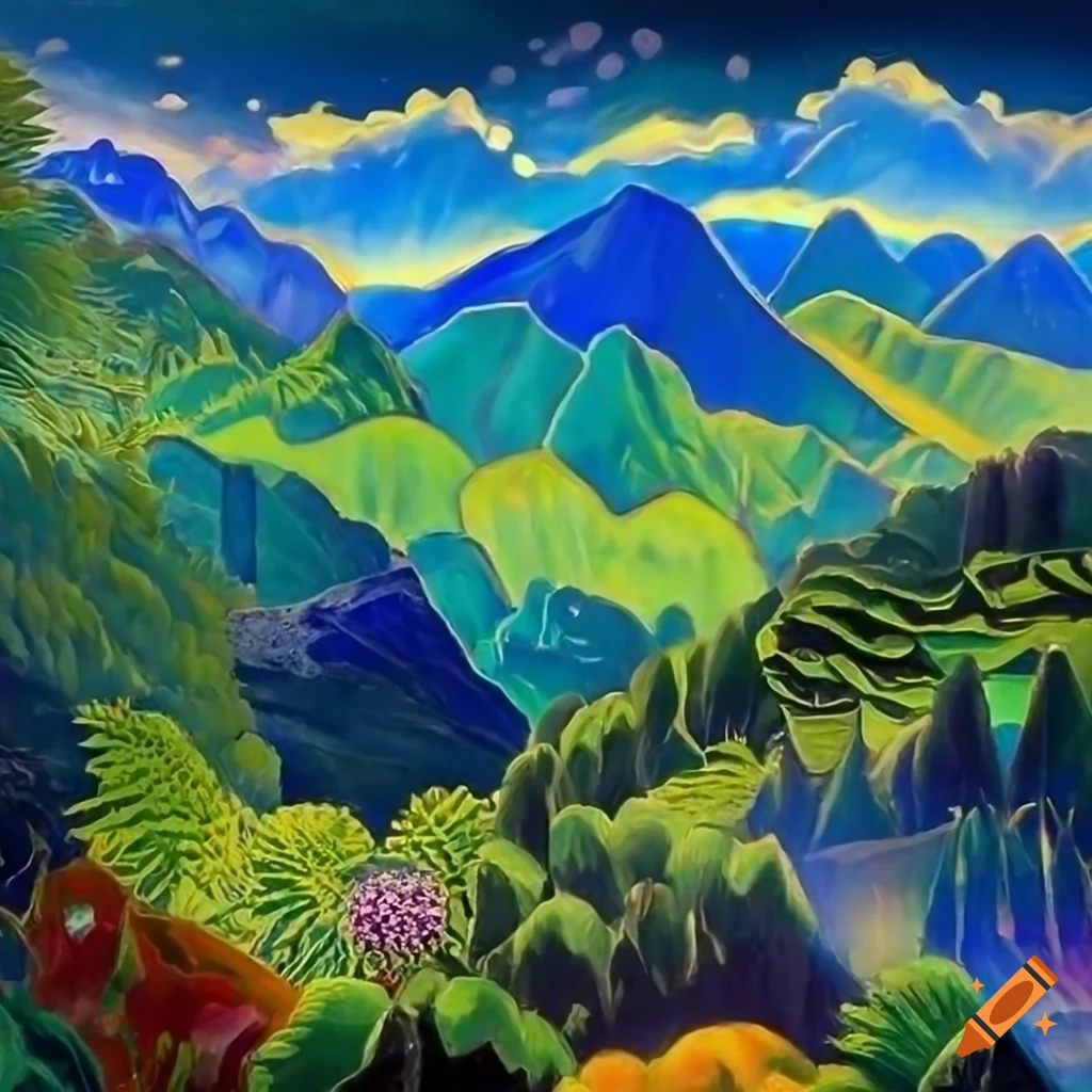 Intricate mountain valley painting with rich colors on Craiyon