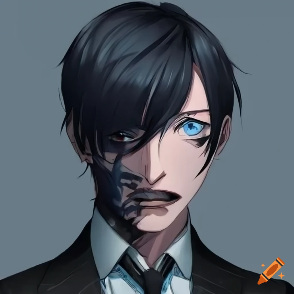 portrait of a man with striking blue eyes and dark aura