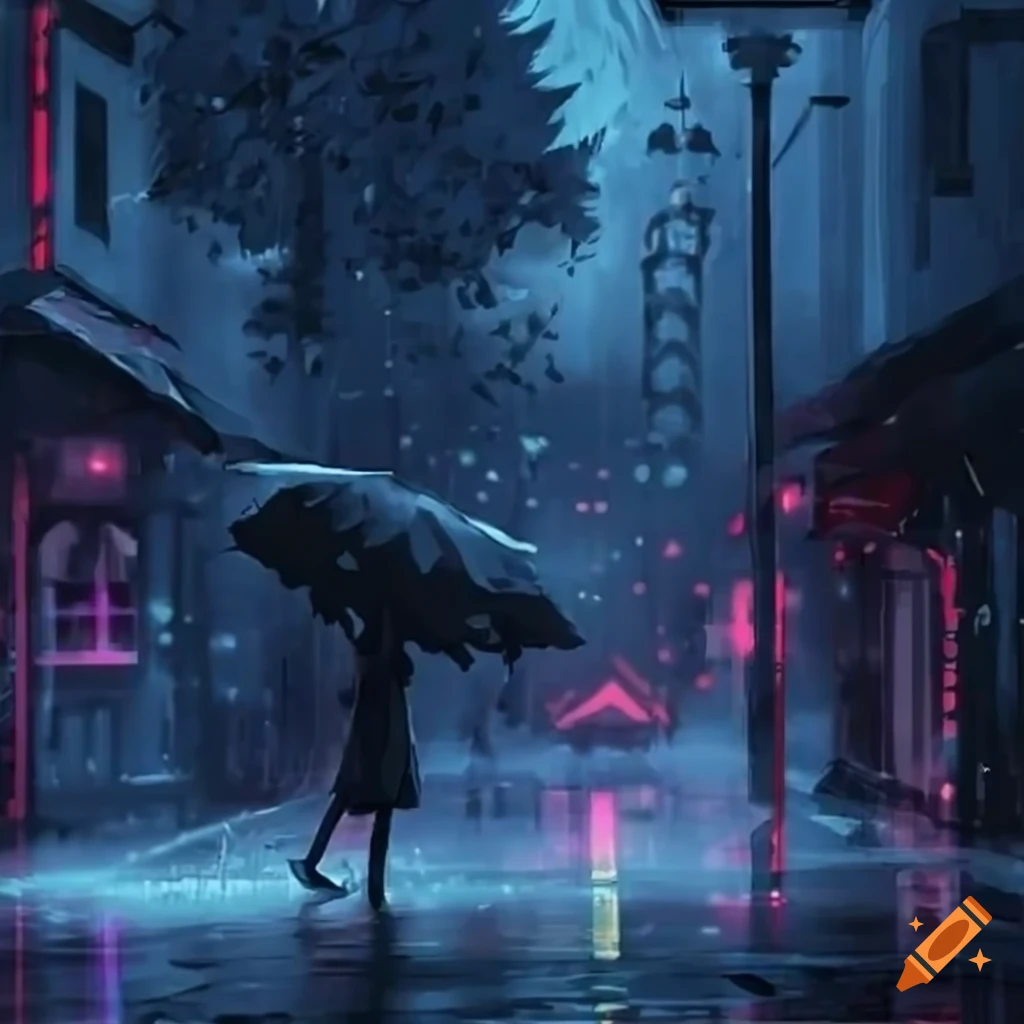 anime-style illustration of a rainy night