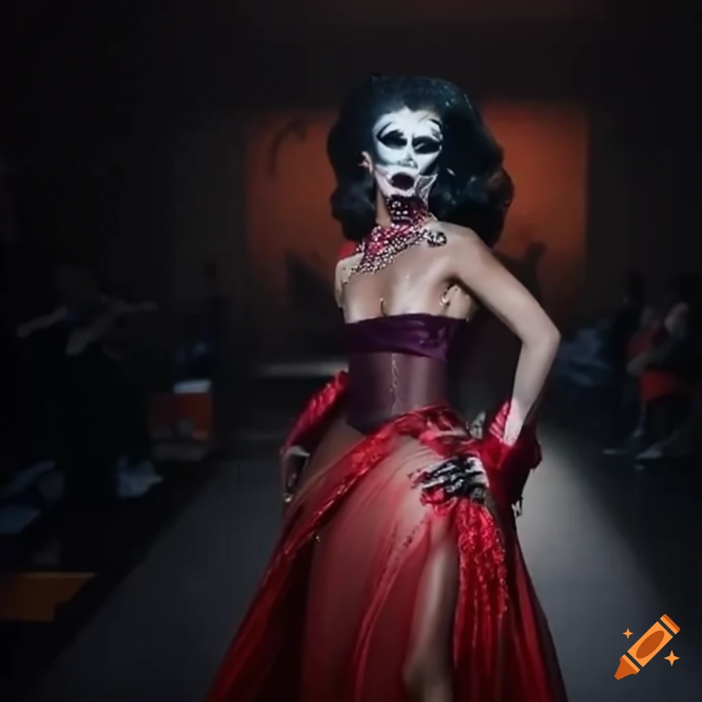 drag queen in a spooky-themed runway costume