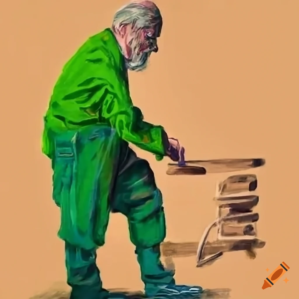 photo of an old tired handyman in green overalls